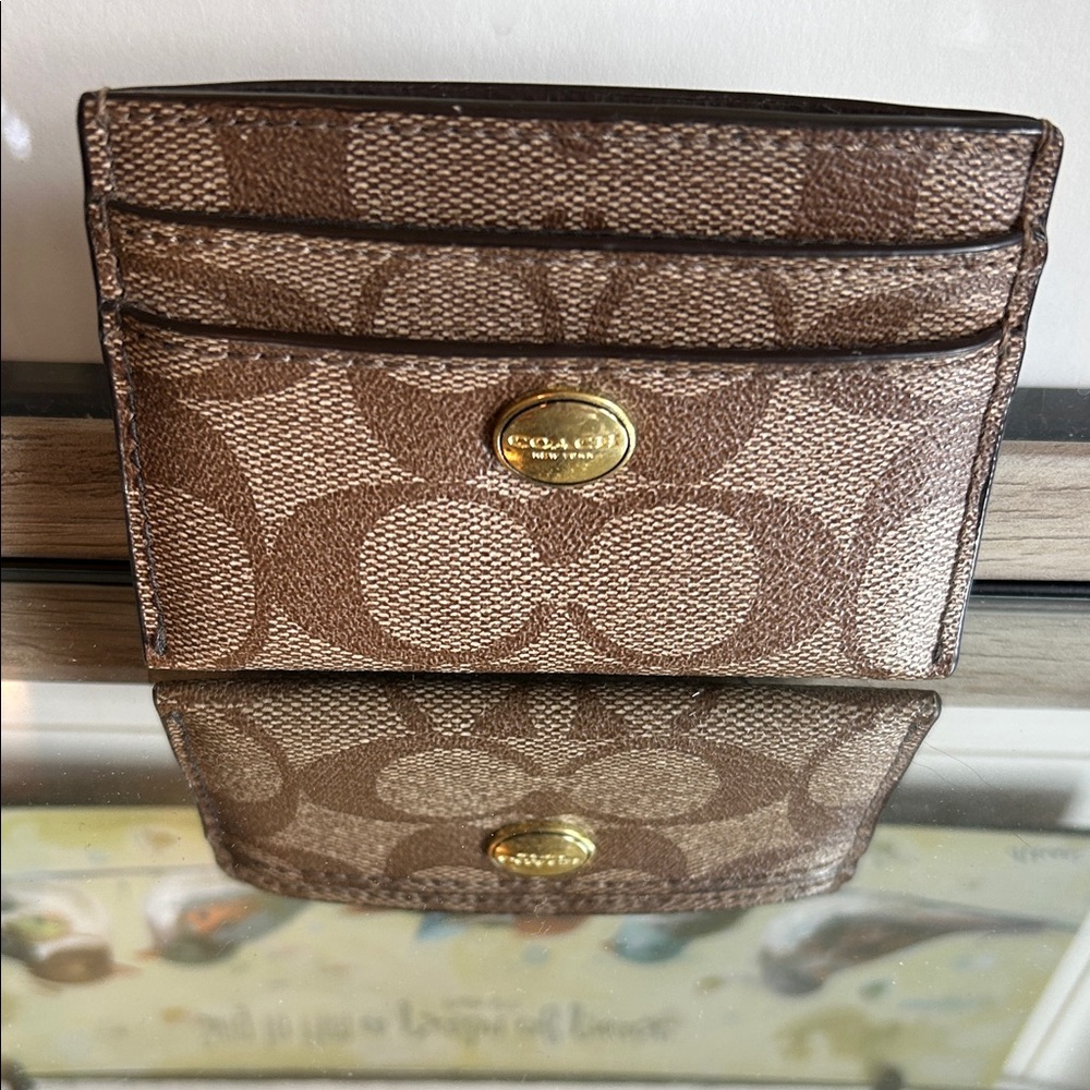 Coach Tan and Brown Card Holder with Gold Accent